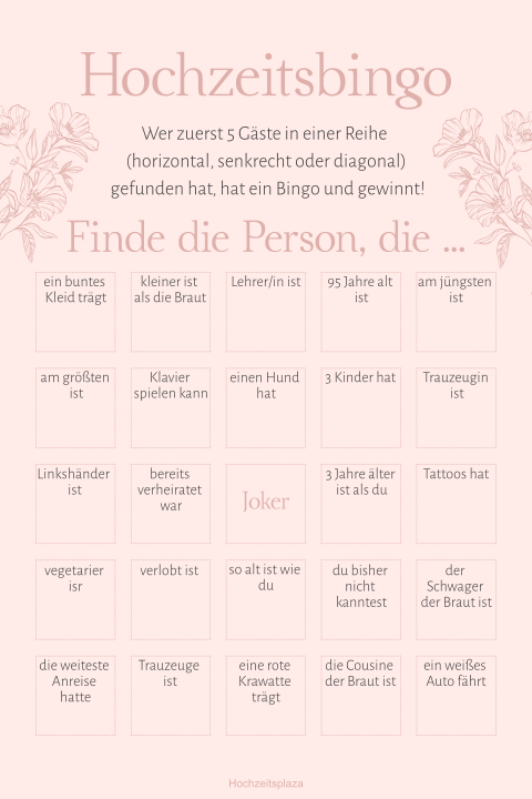 Florales Hochzeitsspiel "Bingo" zur Unterhaltung der Gäste in rosa