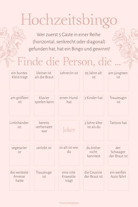 Florales Hochzeitsspiel "Bingo" zur Unterhaltung der Gäste in rosa