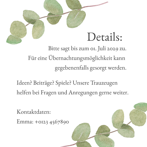 Weißes Einlegeblatt zur Hochzeitseinladung mit Eukalyptuszweigen