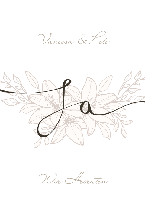 Helle Hochzeitseinladung mit Lilien in beige und Schriftzug
