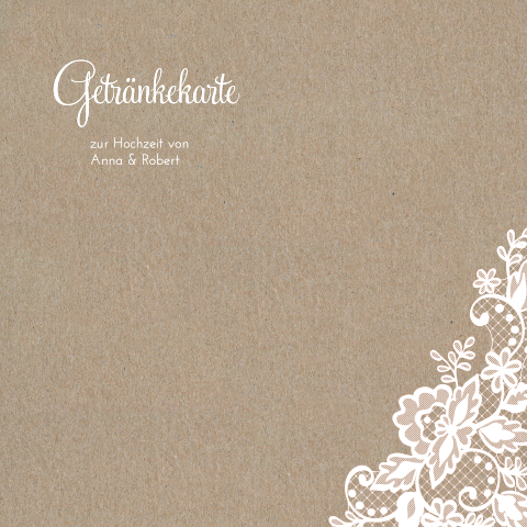 Getränkekarte zur Hochzeit aus Kraftpapier mit Spitze in weiß
