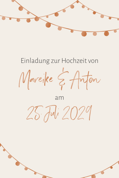 Einladung zur Hochzeit in beige mit Lichterkette in Kupfer mit Gloss