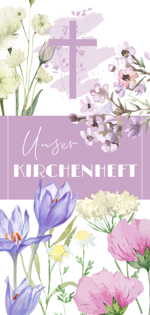 Frühlingskirchenheft zur Hochzeit mit bunten Blumen und Rahmen in lila