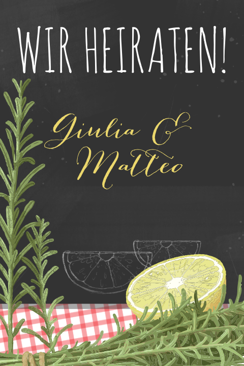 Hochzeitskarte im Schiefertafel Look mit Rosmarin und Zitrone