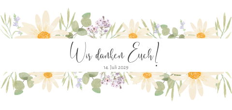 Dankeskarte zur Hochzeit mit bunten Blumen, Eukalyptus und Rahmen