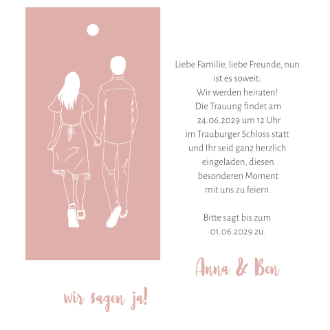 Weiße dreiteilige Einladung zur Hochzeit mit Pärchen in altrosa + weiß