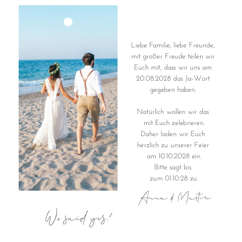 Schlichte dreiteilige Fotokarte "Wir haben geheiratet" in weiß