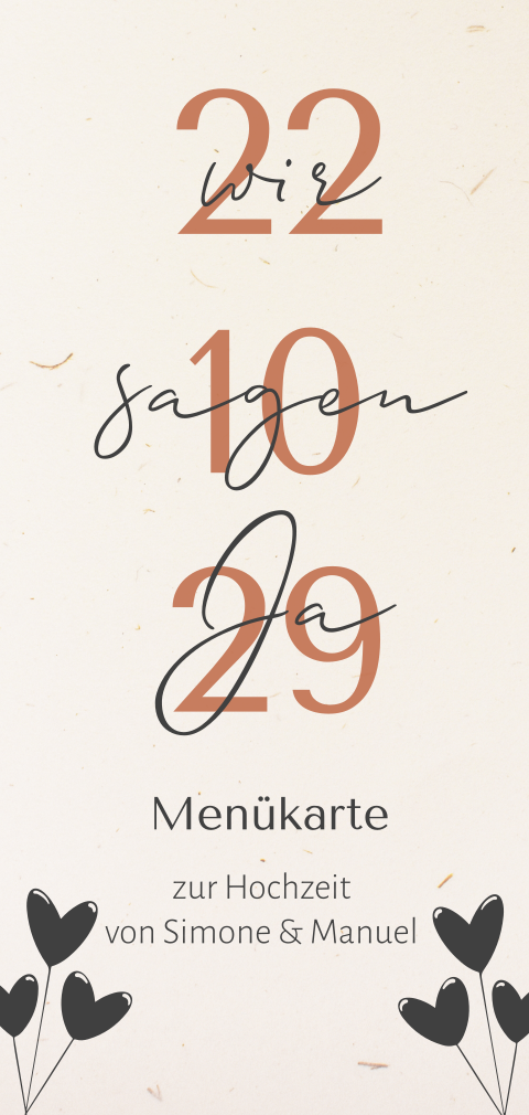 Hochzeitsmenü aus Recyclingpapier mit Ballons und Datum in orange