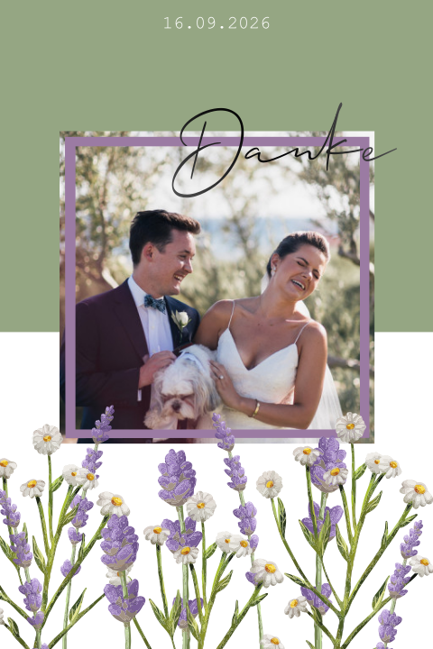 Grüne Dankeskarte zur Hochzeit mit weißen Blumen und Lavendel