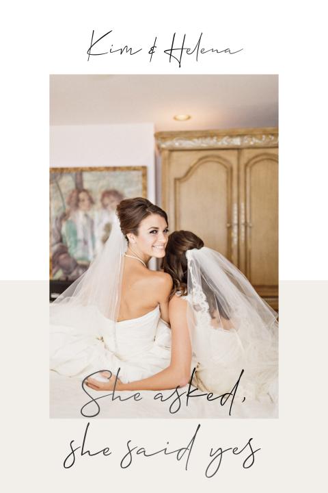Edle "We said yes" Fotokarte in weiß und beige mit schwarzer Folie