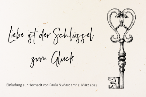 Vintage Hochzeitseinladung aus Recyclingpapier mit schwarzem Schlüssel