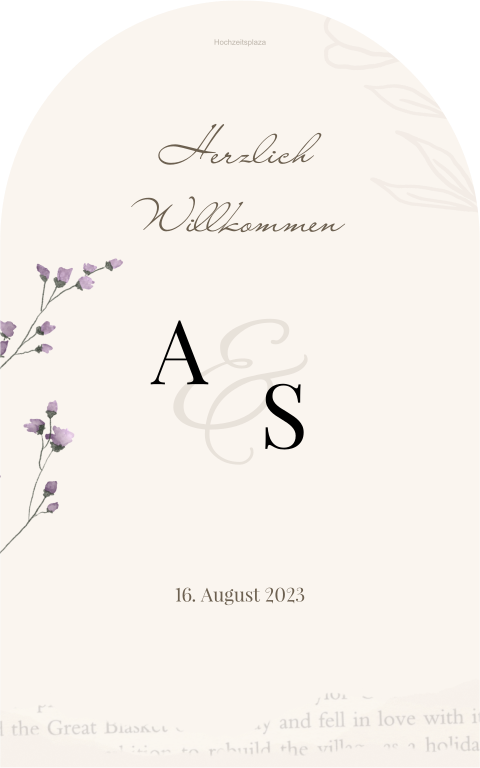 Bogenförmiges Vintage Willkommensschild zur Hochzeit in beige mit Blüten in 50x80 cm