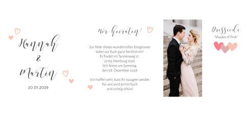 Pocketfold für quadratische Hochzeitseinladung mit Foto + rosa Herzen