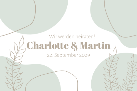 Moderne Einladung zur Hochzeit in grün und weiß mit Line Art Zweigen