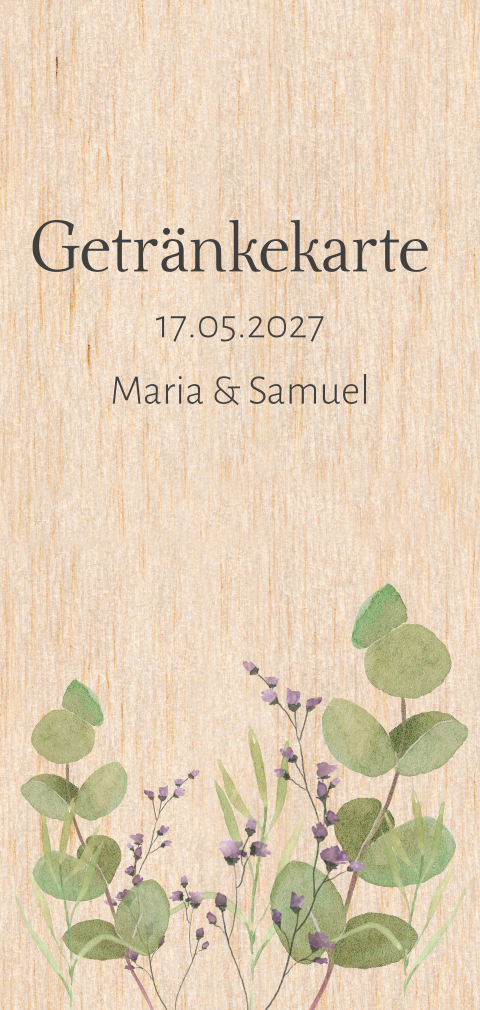 Getränkekarte zur Hochzeit aus Echtholz mit Eukalyptus und lila Blumen