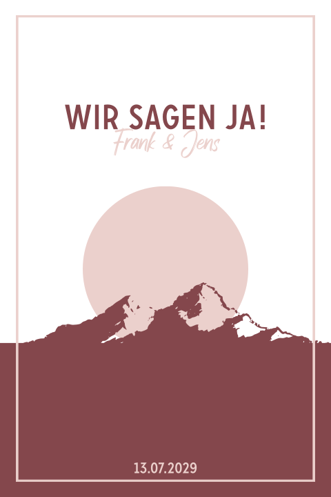 Weiße Einladung zur Hochzeit mit Bergen, Sonne & Rahmen in Rot + Rosa