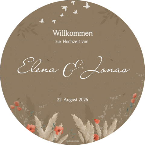Rundes rustikales Willkommensschild zur Hochzeit in braun mit roten Mohnblumen