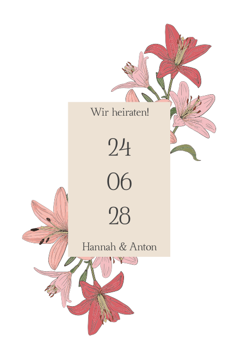 Hochzeitseinladung mit Akzenten in beige und rosa und roten Lilien