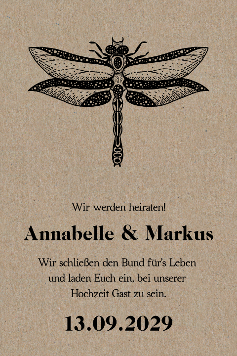 Einladung zur Hochzeit aus Kraftpapier mit Libelle in schwarz