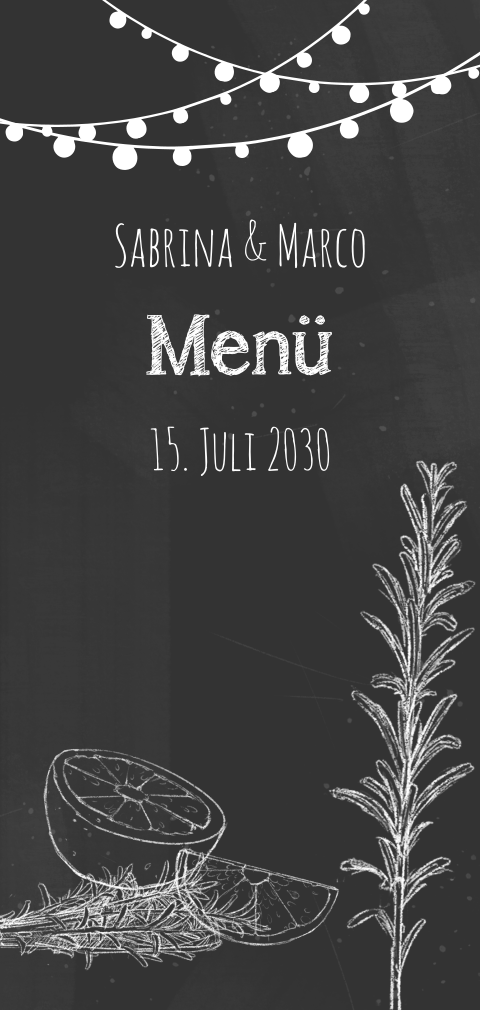 Menükarte zur Hochzeit im Schiefertafel Look mit Zitrone und Rosmarin