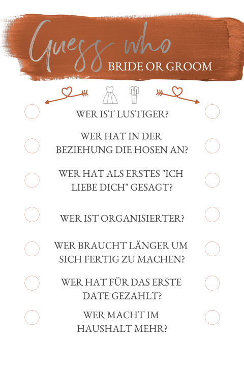 "Rate mal"-Spiel für die Hochzeitsunterhaltung mit Bronze Pinselstrich