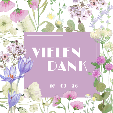Frühlings Dankeskarte zur Hochzeit mit bunten Blumen + Rahmen in lila