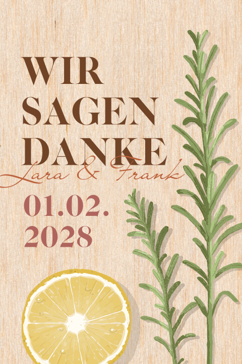 Danksagungskarte aus Holz mit Rosmarin und Zitrone