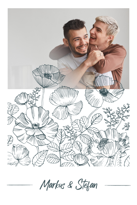 Florale Hochzeitseinladung mit Line Art Blumen in blau und Foto