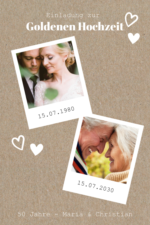 Einladungskarte zur Goldhochzeit im Kraftpapierlook mit Sofortbildrahmen