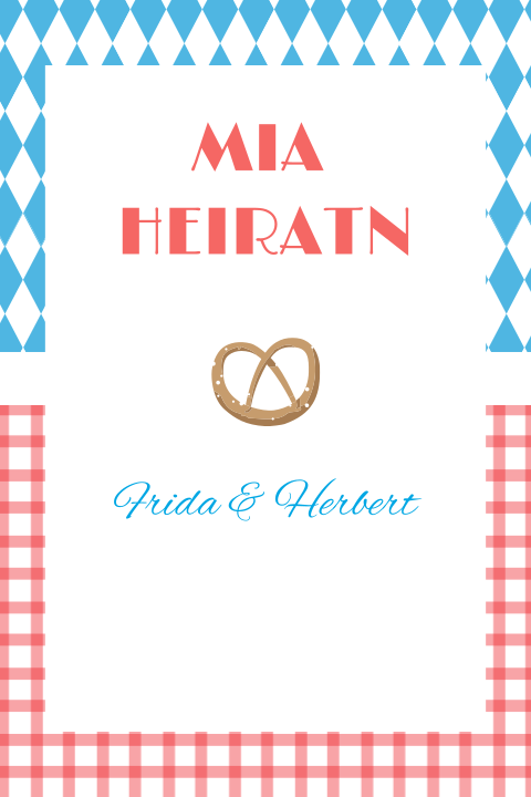 Hochzeitskarte blau weiß kariert mit bayrische Brezen
