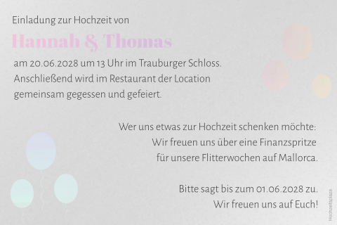 Transparente Hochzeitseinladung mit Ballons in holografischer Folie