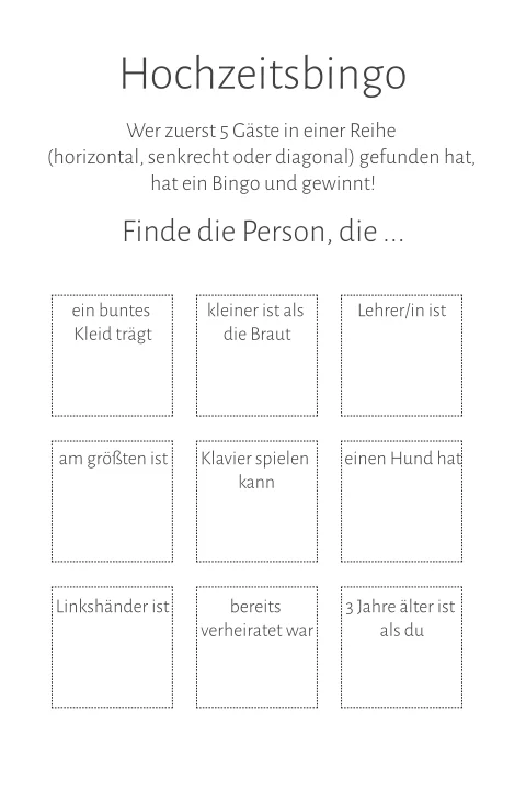 Hochzeitsbingo als Gästeunterhaltung mit 3x3 Feld zum Selbermachen