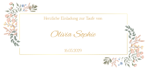 Florale Taufeinladung mit edlem Goldrahmen