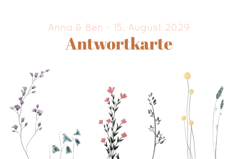 Veredelte Antwortkarte zur Hochzeit mit Blumenwiese und kupferfarbener Schrift