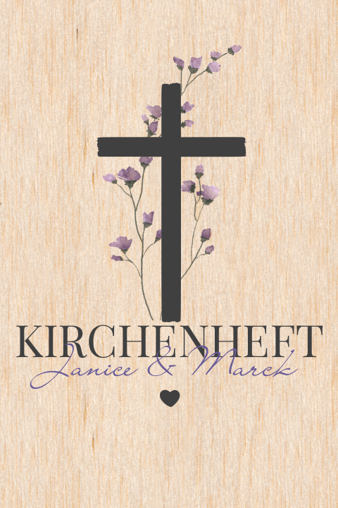 Kirchenheft mal anders: Karte aus Echtholz mit Kreuz und lila Blüten
