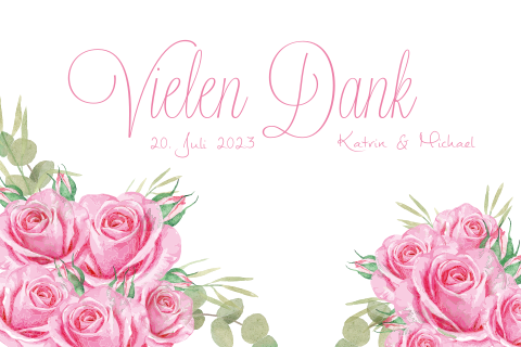 Weiße Dankeskarte zur Hochzeit mit Rosen in pink und rosa