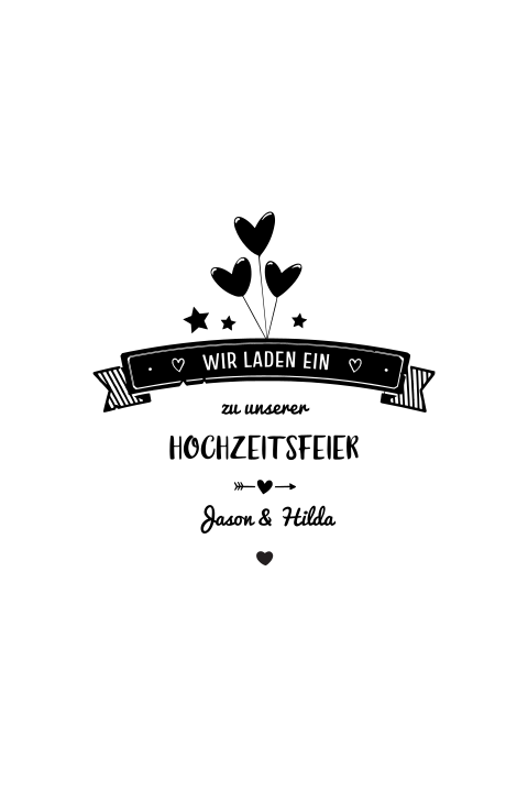 Einladungskarte zur Hochzeit mit Ballons, Banner, Herzen und Sternen