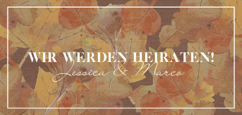 Herbstliche Hochzeitskarte mit Blättern in gold, braun und orange