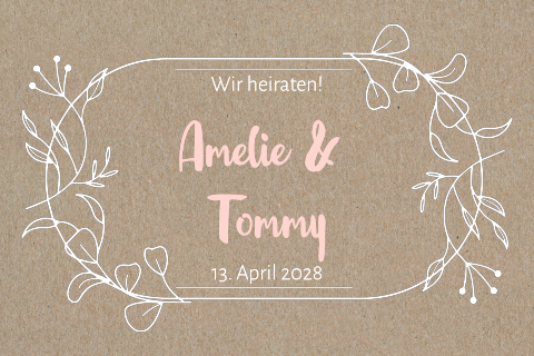 Schlichte Hochzeitseinladung aus Kraftpapier mit floralem Rahmen