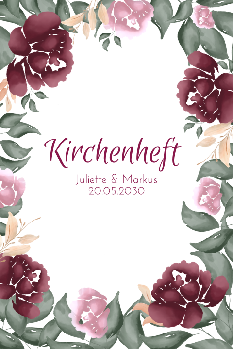 Kirchenheft als Klappkarte mit Blumenrahmen in rot, rosa und grün
