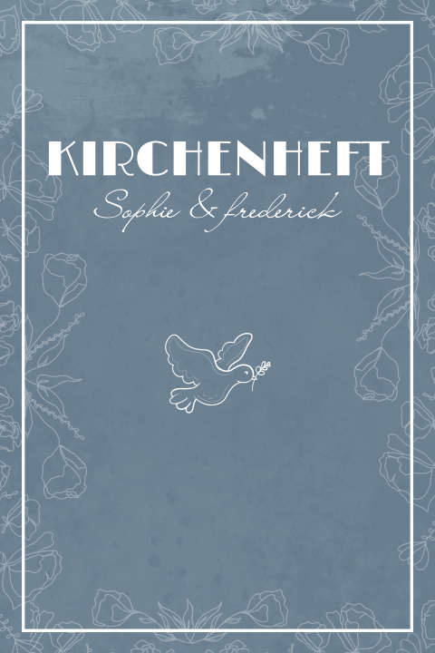 Blaues Kirchenheft mit Line Art Rahmen und weißer Taube