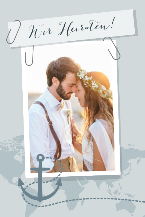 Maritime Einladung zur Hochzeit mit Weltkarte und Anker in blau