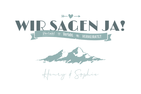 Hochzeitskarte blaue Berge mit Herzen, Pfeilen und Banner