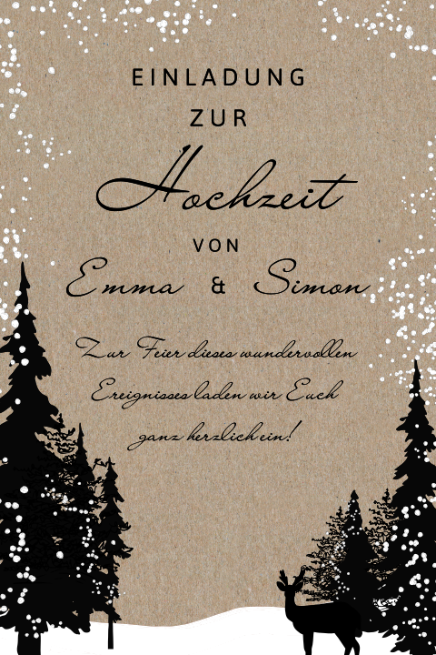 Kraftpapier Hochzeitseinladung mit Winterlandschaft in schwarz weiß