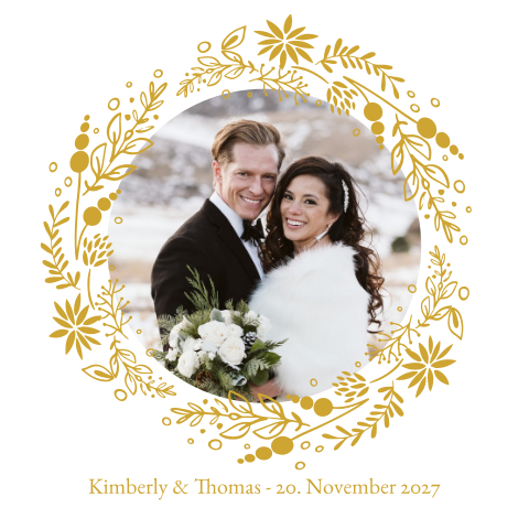 Winterliche Dankeskarte zur Hochzeit mit Foto und goldenen Zweigen