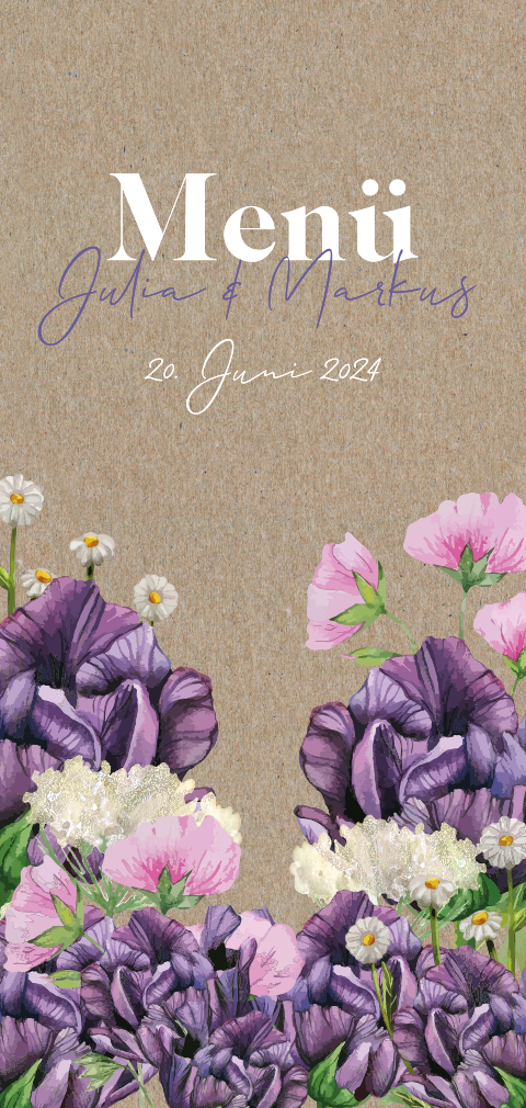 Florale Menükarte mit lila und pinken Blumen auf Kraftpapier