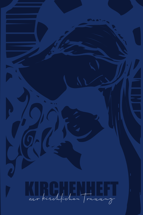 Modernes Kirchenheft zur Hochzeit mit Maria und Kind Zeichnung in blau