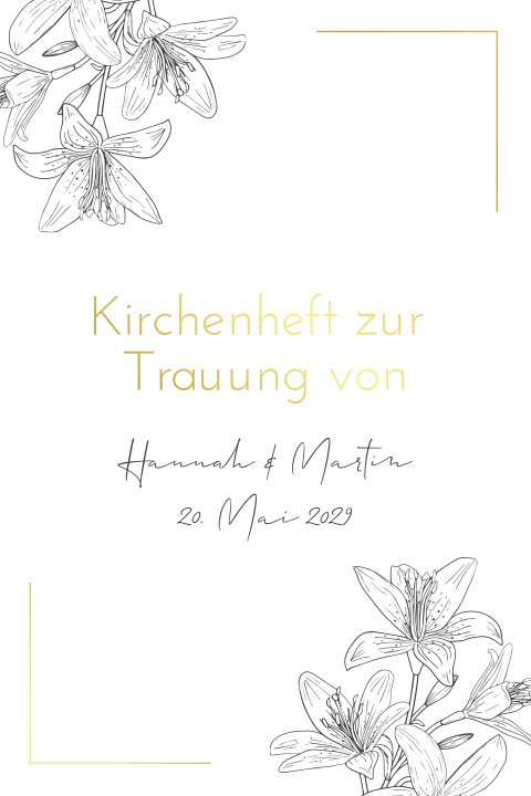 Elegantes weißes Kirchenheft mit Goldfolie & schwarzen Line Art Blumen