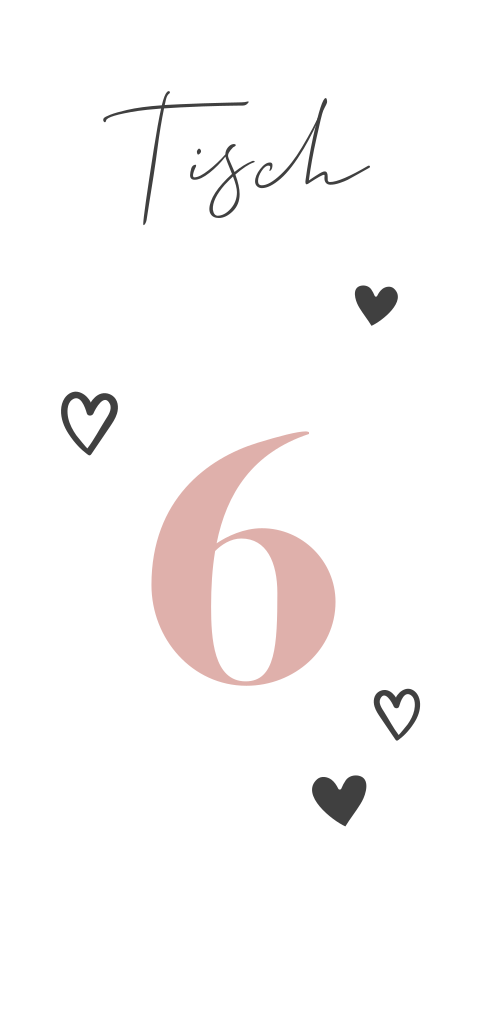 Schlichte weiße Tischnummer zur Hochzeit mit Herzen und rosa Nummer