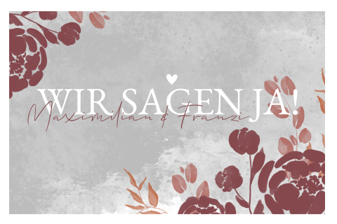 Boho Hochzeitskarte in Grau mit Blumen in Rottönen